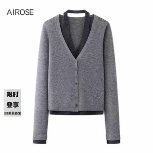 2026春新款艾诺丝时尚撞色V领假两件针织衫女显瘦性感毛衣801157