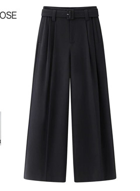 2025春新款艾诺丝时尚经典百搭黑色高腰直筒阔腿休闲长裤女301160