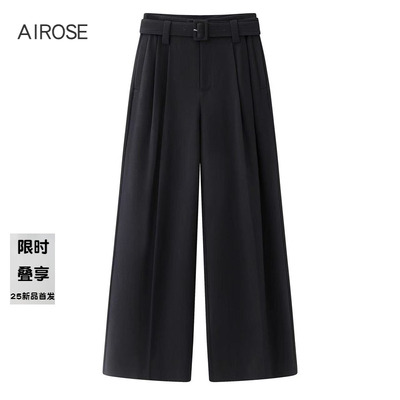 2025春新款艾诺丝时尚经典百搭黑色高腰直筒阔腿休闲长裤女301160