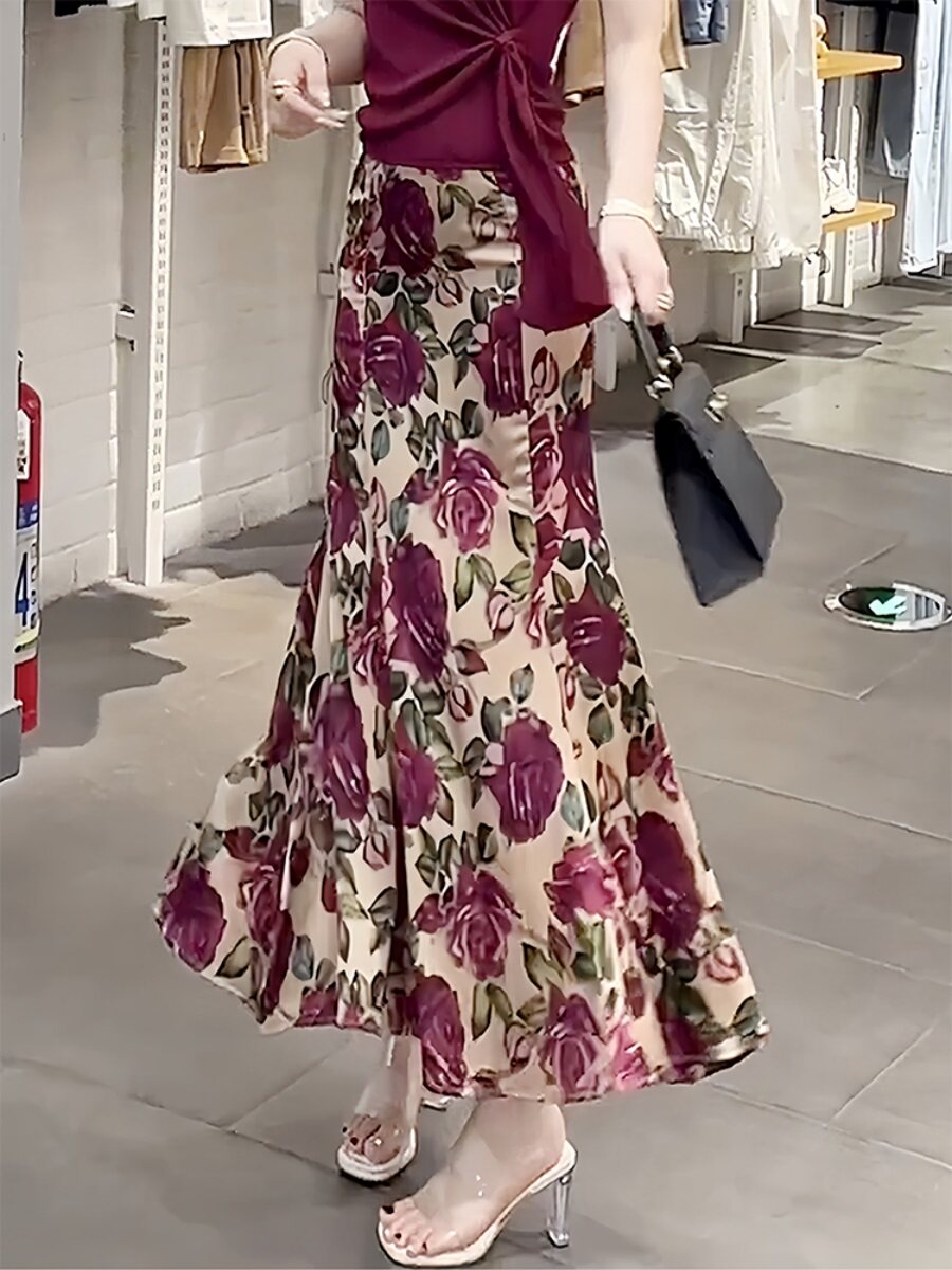 时尚锻面碎花鱼尾裙女2024夏季高腰显瘦半身裙垂感中长款包臂裙子