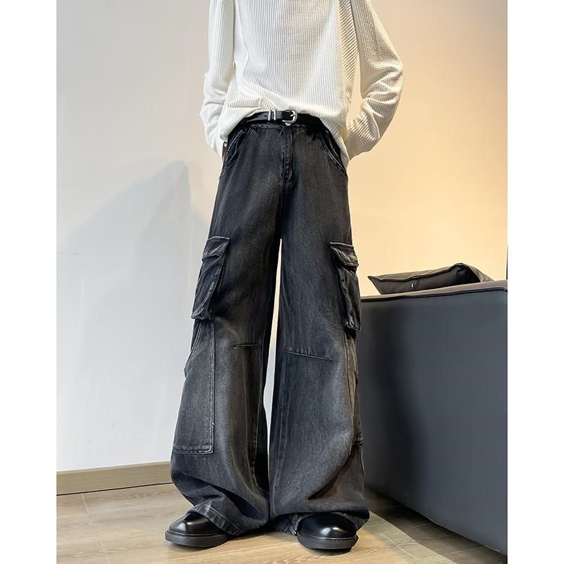 高街设计感大口袋工装牛仔裤男女复古美式高腰直筒宽松垂感阔腿裤