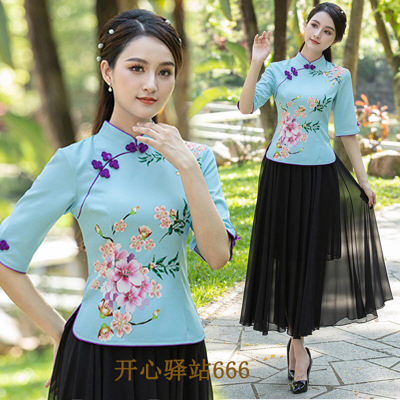 春夏改良旗袍套装上衣中式大码妈妈唐装汉服七分袖修身时尚女装