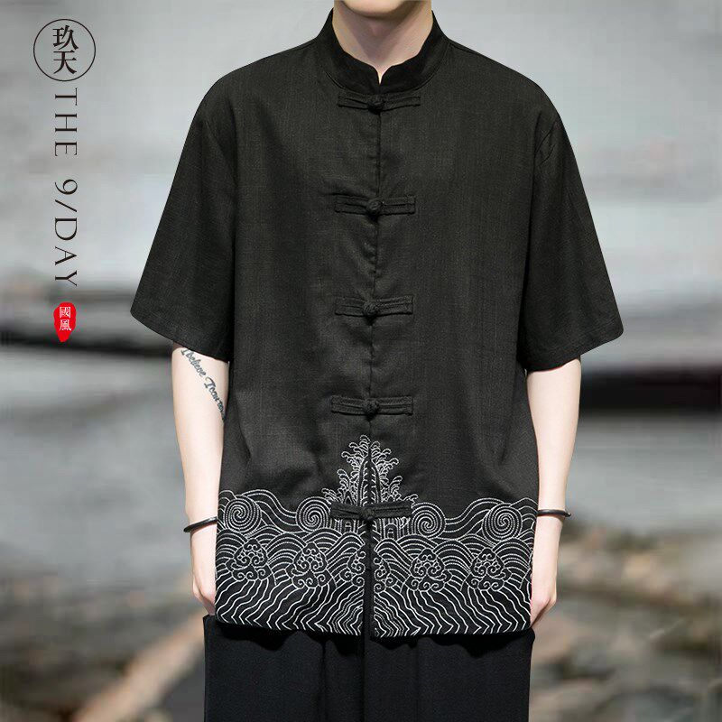 夏季复古风棉麻刺绣唐装汉服男装中国风国潮免烫短袖中式盘扣上衣