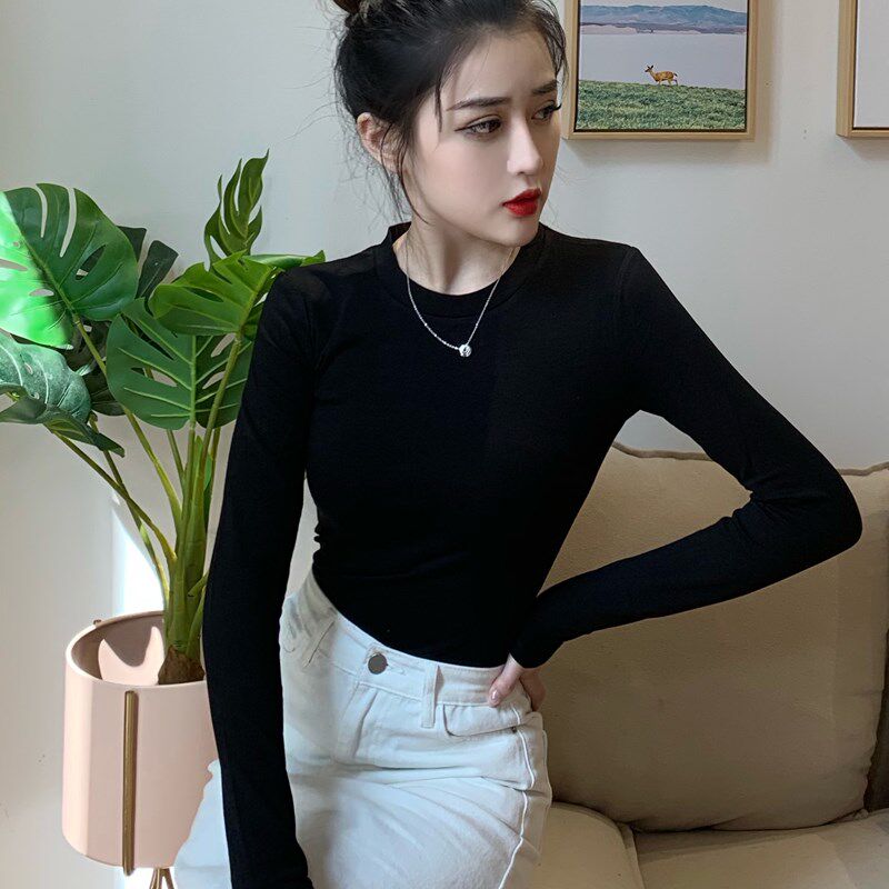 纯棉黑色圆领长袖t恤女打底衫秋冬紧身秋衣修身加绒加厚内搭上衣
