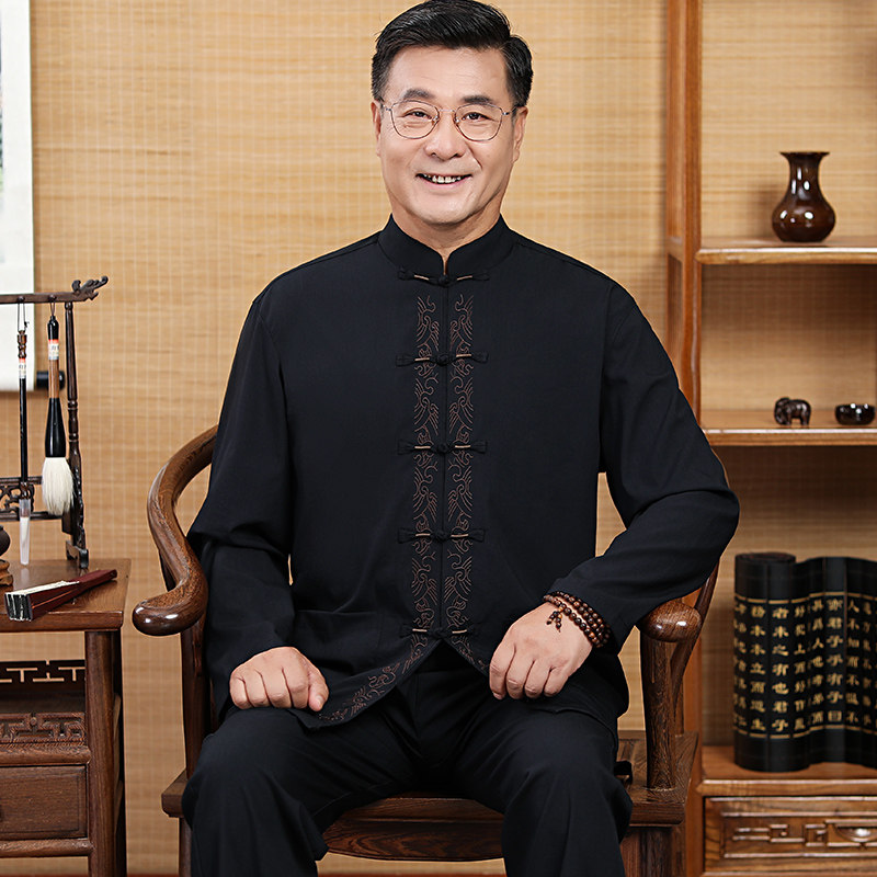 唐装男棉麻长袖套装中老年人衬衫春秋季爸爸装刺绣中式爷爷大码装