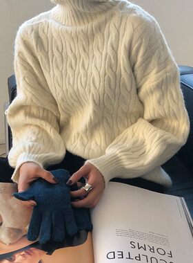 高领毛衣女秋冬季2021年新款复古宽松外穿加厚麻花套头针织衫外套