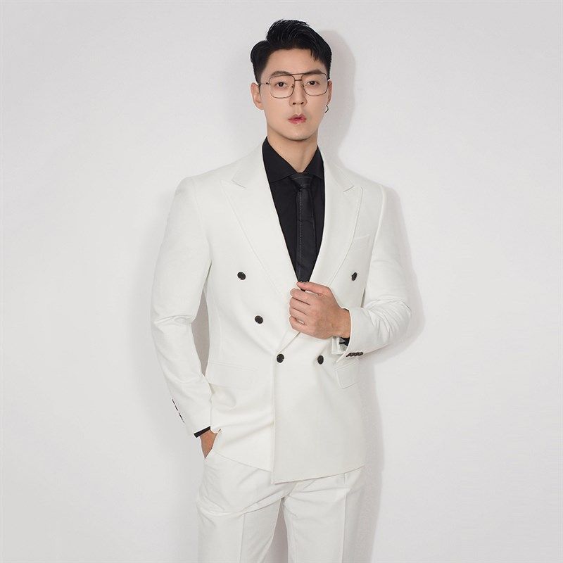 川泽男装白色双排扣西服套装新款韩版修身西装男士休闲单西裤子潮