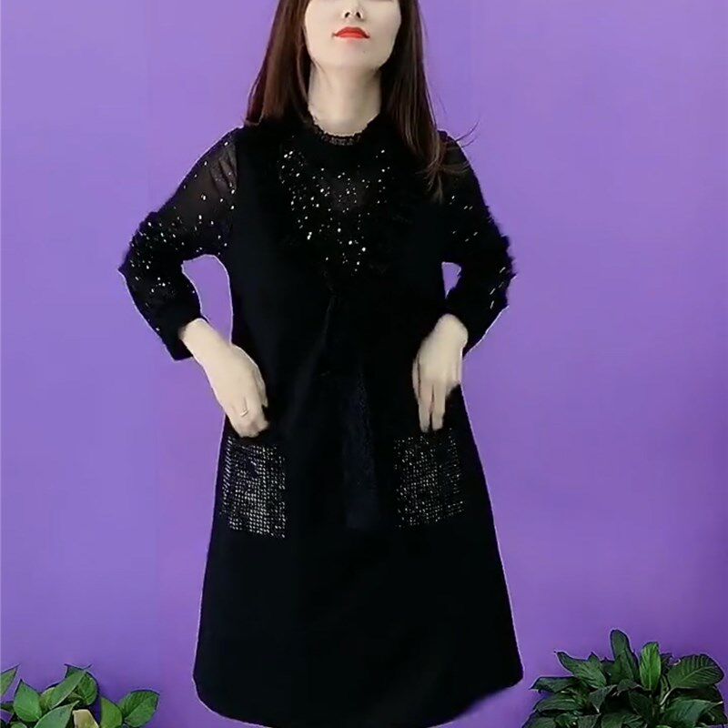 半高领长袖拼接纯色烫钻打底裙春季新品带兜假两件中年连衣裙女装