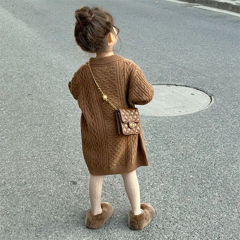 韩版女童洋气百搭毛线连衣裙2024春秋新款女宝宝洋气咖色毛衣长裙