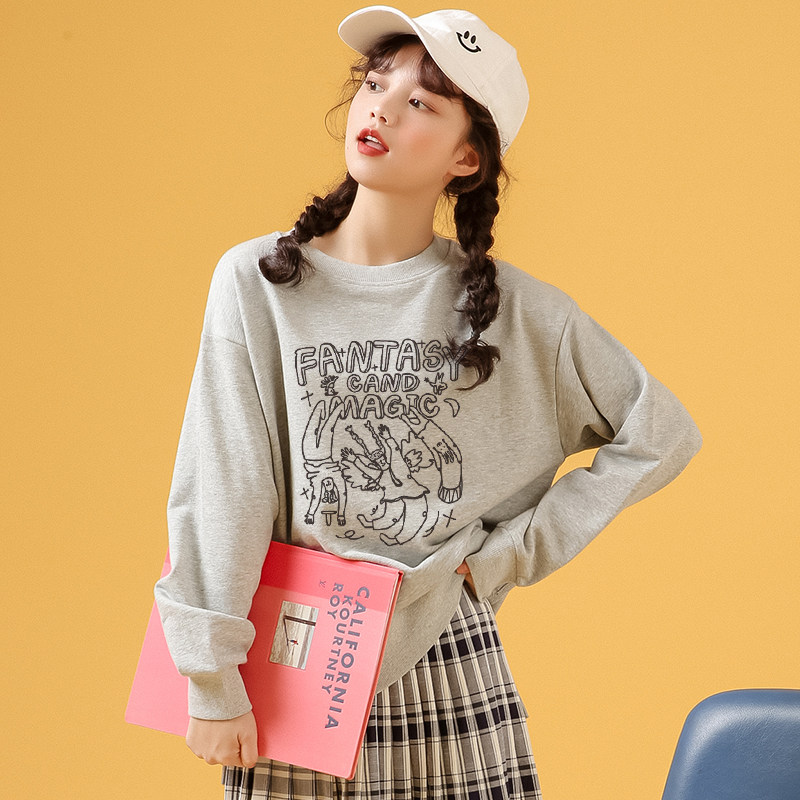 早秋薄款卫衣女2021年新款韩版圆领宽松无帽春秋灰色长袖套头上衣