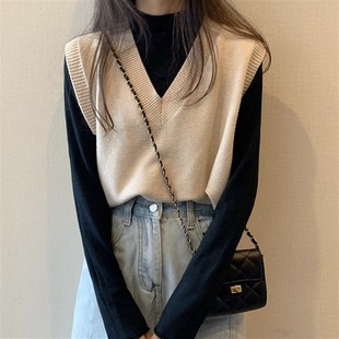 无袖 V领上衣针织马夹初秋毛衣背心短款 马甲外套女 2020年新款 秋季