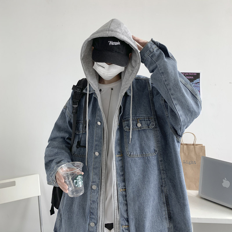假两件连帽拼接牛仔外套男生港风潮流百搭青少年宽松休闲工作服夹