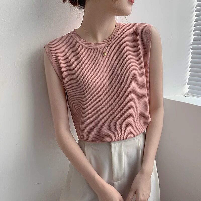 宽肩吊带背心女夏2025新款冰丝针织内搭宽松显瘦圆领简约无袖上衣