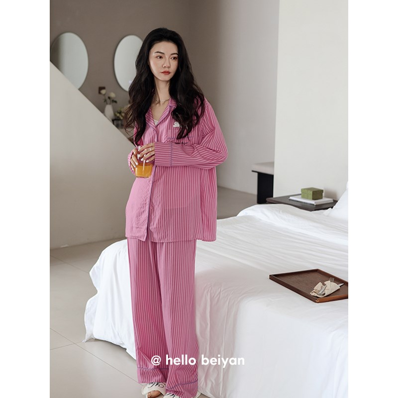 春秋季女士新款柔软棉睡衣休闲条纹套装可爱甜美少女X居家服可外