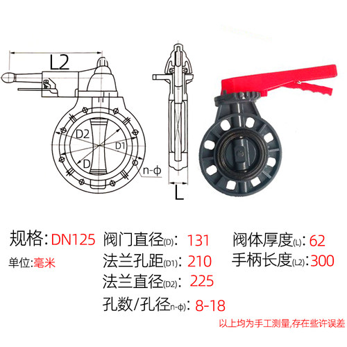 UPVC手柄蝶阀PVC管对夹式手动软密封衬氟涡轮阀门dn50 65  75 100
