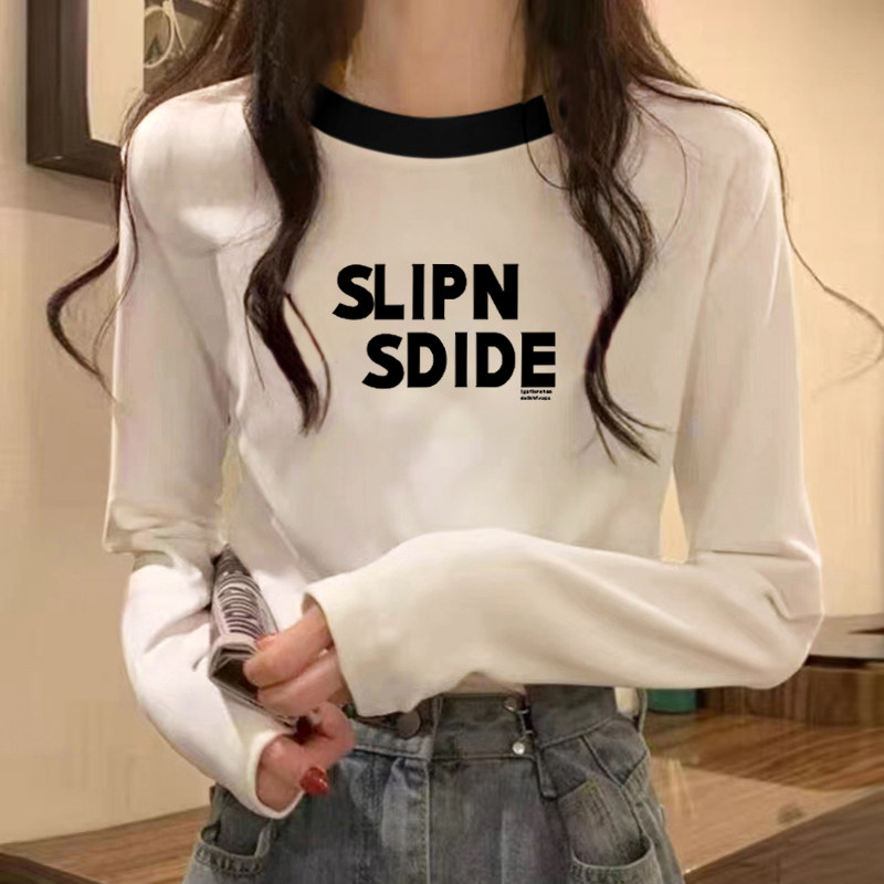 拼接设计感气质上衣宽松白色纯棉长袖t恤女新款打底衫内搭秋冬季