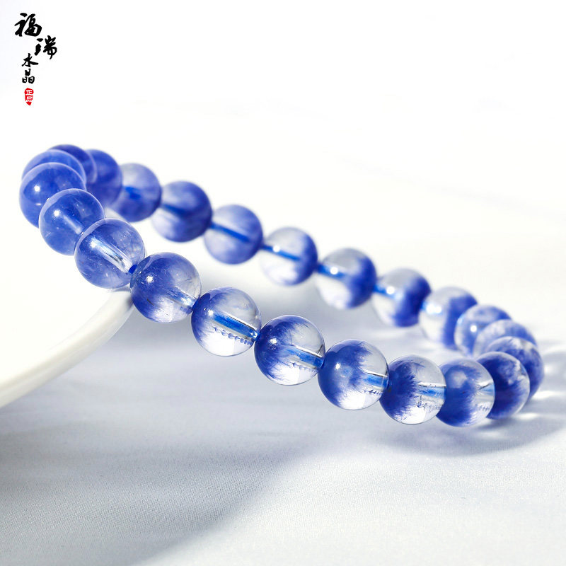 福瑞水晶 蓝发晶手錬 蓝线石 蓝绒晶 蓝色单圈多圈手串女 饰品