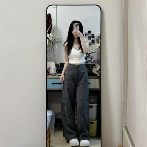 灰色牛仔工装裤女2024秋冬新款美式复古高腰宽松直筒显瘦阔腿裤子