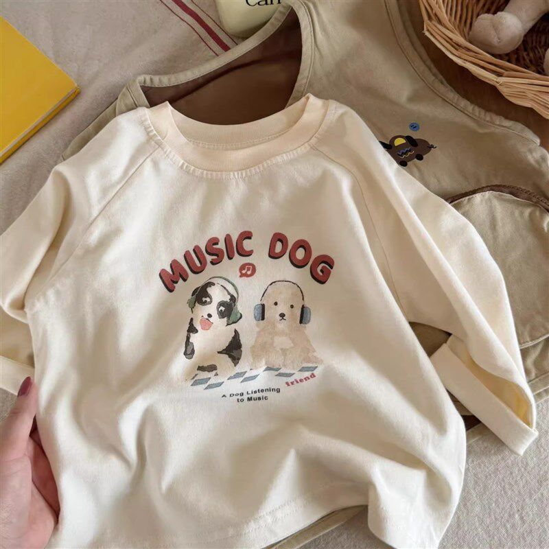 男童t恤长袖春秋款复古印花宝宝纯棉打底衫内搭薄款女童秋装卡通