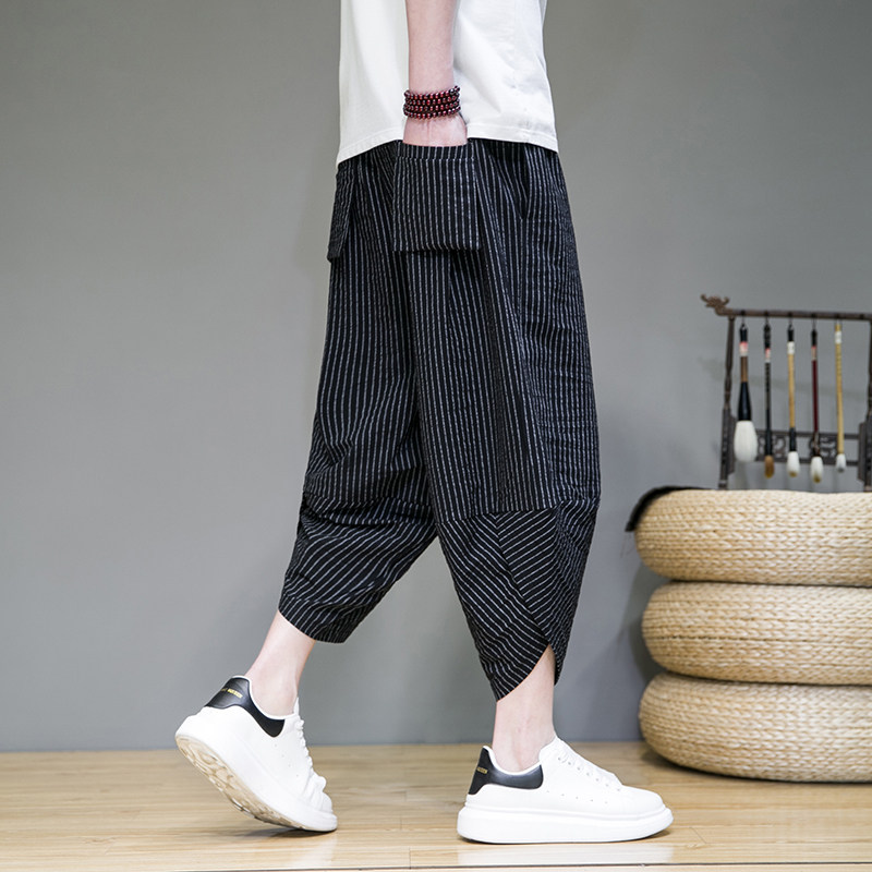 夏季棉麻七分裤男士宽松短裤大码格子沙滩裤阔腿灯笼裤哈伦7分裤