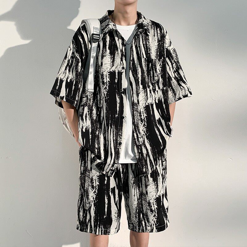 水墨冰丝休闲运动套装男生穿搭一整套中国风花衬衫短袖短裤夏薄款