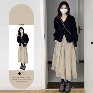 茶系穿搭一整套梨形身材微胖显瘦裙子两件套装 女 2023新款 早初秋季