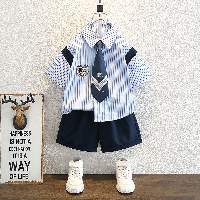 男童夏装套装2025新款帅气儿童装短袖衬衫学院小宝宝时髦两件套潮