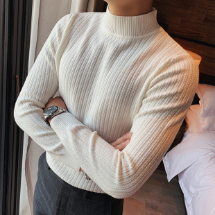 半高领白色毛衣男款秋冬加厚韩版修身中领打底衫高级感休闲针织衫