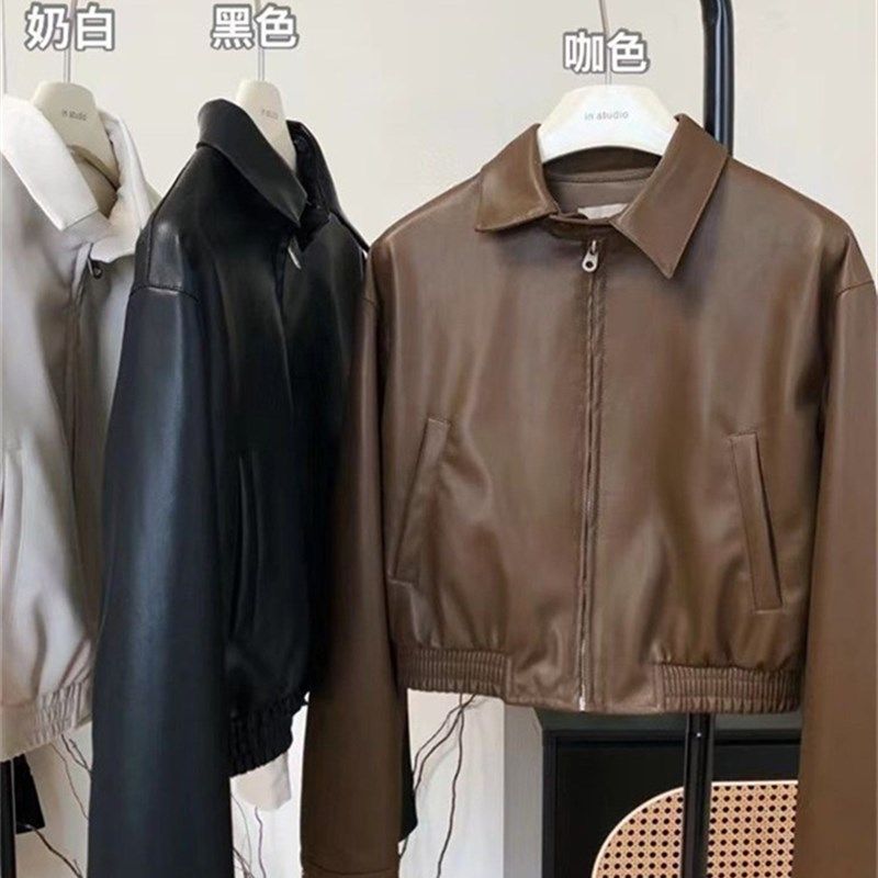 美式复古棕色皮衣女2023年春装减龄简约时装廓形翻领短款机车夹克