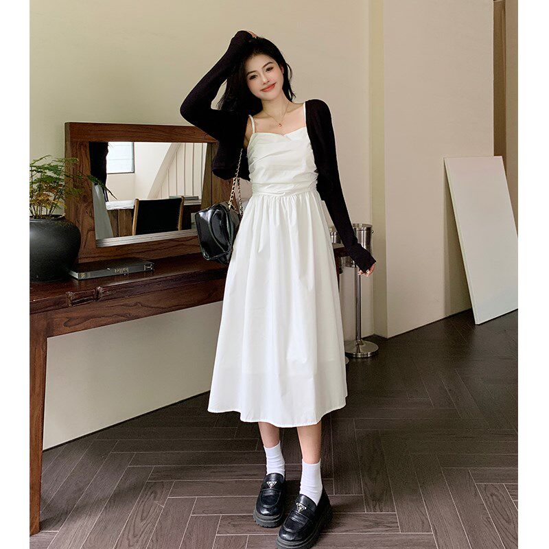 韩版高级感洋气吊带连衣裙子减龄显瘦遮肉大码胖mm针织开衫两件套