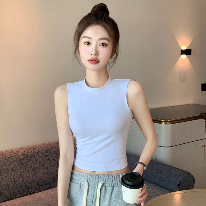 白色半高领工字吊带背心女夏外穿中领无袖t恤女内搭露脐短款上衣