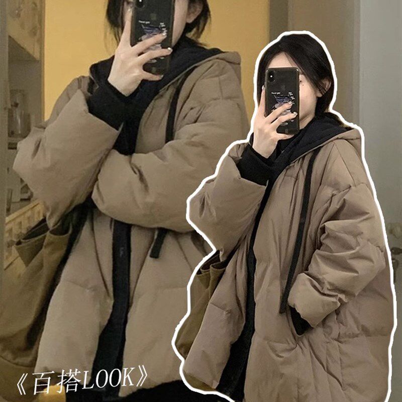 2-300斤胖mm大码女装秋季加厚连帽棉衣棉服女韩版棕色保暖外套女