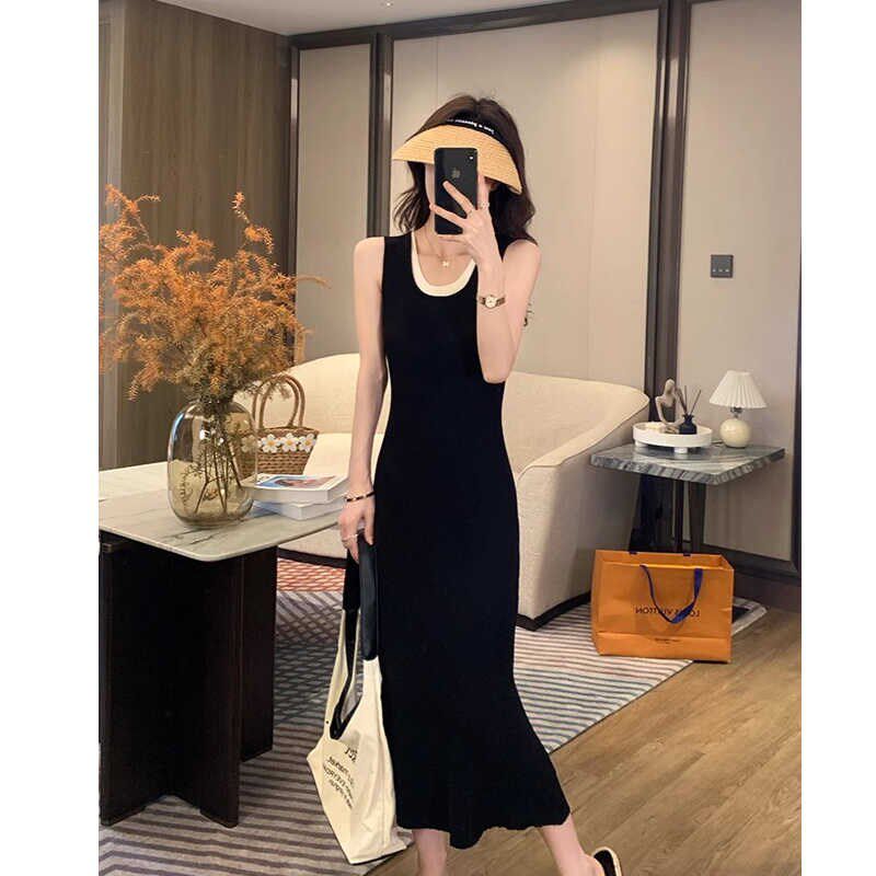 假两件黑色u领冰丝针织吊带孕妇连衣裙夏季修身包臀吊带背心长裙