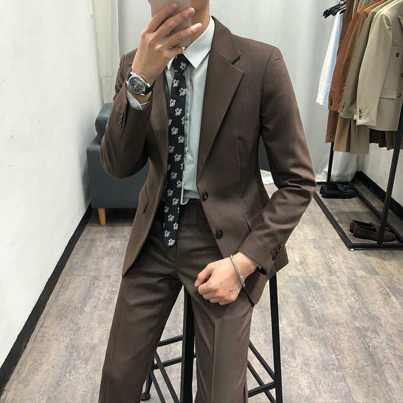 春季新款时尚亚麻西服套装男商务复古休闲韩版修身潮流西装两件套