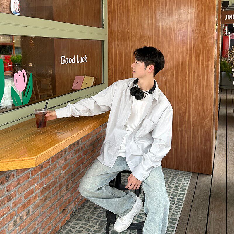 浅色长袖衬衫男生休闲宽松衬衣男款白色慵懒风垂感春秋季韩版上衣