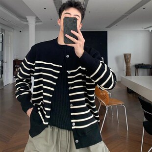 高级感经典条纹开衫毛衣男秋冬韩版宽松学院慵懒风休闲针织衫外套