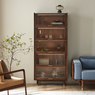 展示柜靠墙置物 留意北欧简d约实木书柜架黑胡桃带玻璃门客厅日式