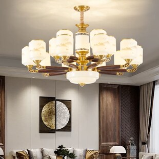 新中式 楼别墅餐厅中山灯具 客厅吊灯全铜木艺高端大气实木主灯复式