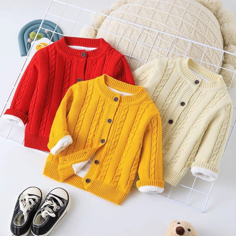 婴儿针织开衫男女童新生儿毛衣宝宝加绒加厚针织衫小外套线衣秋冬