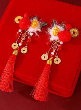 厂家新年汉服发饰可爱红色毛球小财神流苏发夹儿童过年对夹