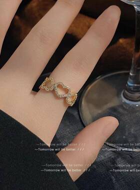 韩版镂空爱心戒指女潮时尚个性镶钻开口戒子复古简约网红手饰