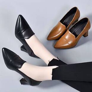2025年新款真皮女鞋春夏单鞋女尖头高跟软皮工作鞋中跟百搭小皮鞋