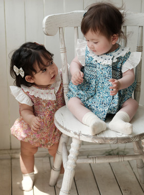 three sailors婴幼儿碎花手工打揽哈衣纯棉短袖女宝宝双排扣夏季