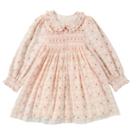 three sailors法式粉色格子女小童连衣裙精梳棉打揽甜美娃娃领裙