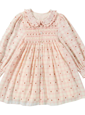 three sailors法式粉色格子女小童连衣裙精梳棉打揽甜美娃娃领裙