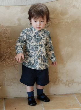 three sailors男童立领衬衣水墨印花纯棉长袖衬衫外出休闲上衣秋