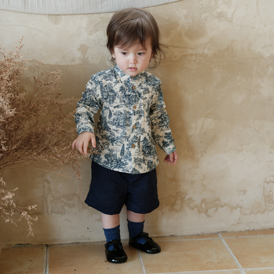 男童立领衬衣水墨印花纯棉长袖