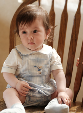 three sailors英伦条纹宝宝夏季短袖爬服男童背带裤套装刺绣上衣