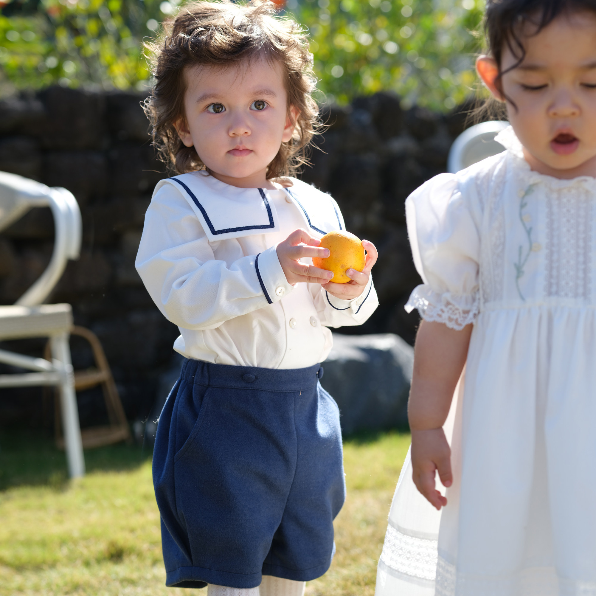 three sailors男童海军风双排扣纯棉长袖衬衣+短裤两件套装帅气春