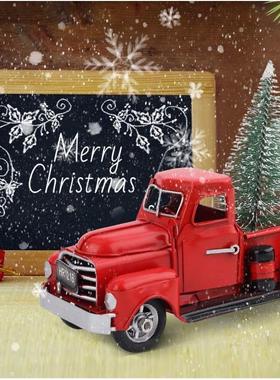 红色卡车摆件圣诞装饰礼物 圣诞摆件装饰 金属装饰复古红色卡车